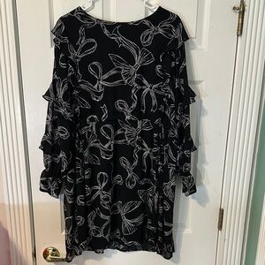 Black and White Bow Print Ruffle Skater Dress (XXL)